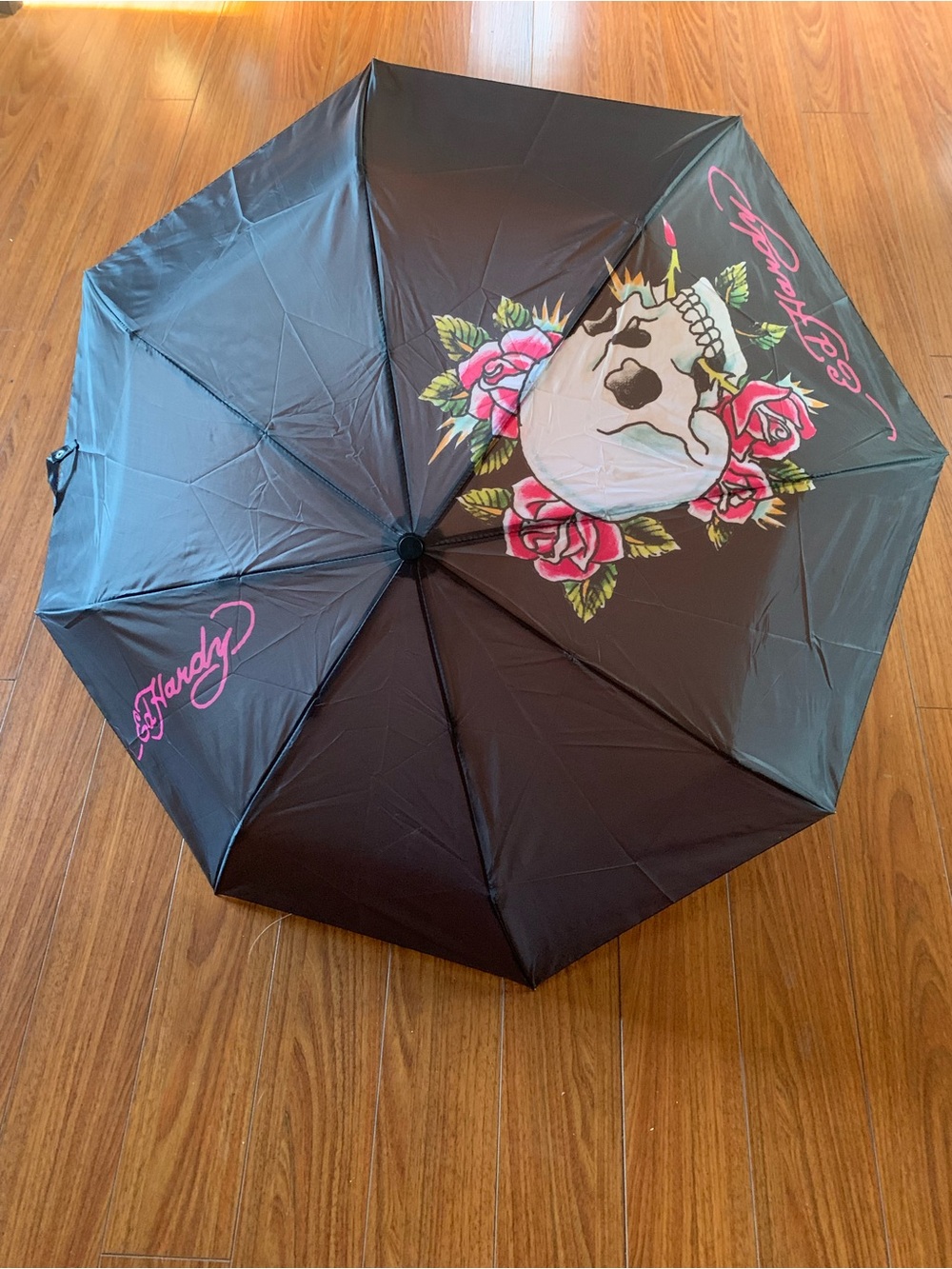 Ed Hardy Black with colorful Skull, Snake & Rose Tattoo Print Compact Umbrella